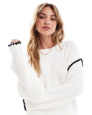 4th & Reckless Contrast Stitch Dropped Shoulder Sweater - White