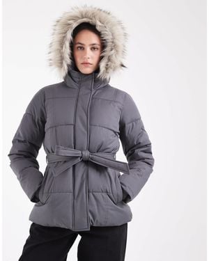 Hollister Belted Puffer Jacket With Fur Hood - Gray