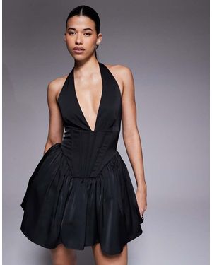 Aria Cove Satin Plunge Halterneck Corset Detail Skater Mini Dress - Blue