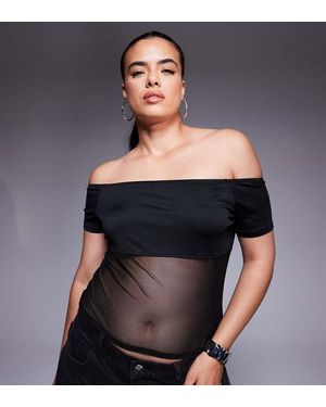 ASOS Asos Design Curve Bardot Mesh Mix Panel Top - Black