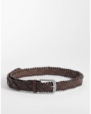 ASOS Faux Leather Woven Belt With Western Pattern Silver Buckle - Gray