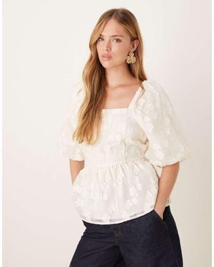 Y.A.S Top Color Crema Con Mangas Abullonadas De Jacquard De Tejido Liso De -Blanco