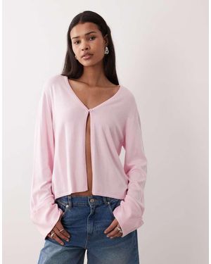 Gina Tricot Folded Sleeve Single Button Knitted Cardigan - Pink