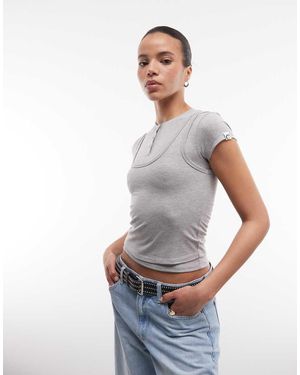 Collusion Double Layer Short Sleeve Henley Neck Top - White