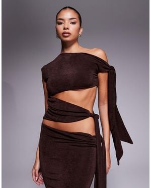 Wanderdoll Noa Premium Textured Slinky Drape Off Shoulder Tie Detail Body Co-ord - Brown