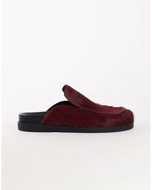 TOPSHOP Alexia Long Hair On Real Leather Loafer Mule - Red