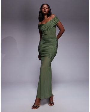 Kaiia Exclusive Double Layered Slinky Off Shoulder Sheer Mesh Hem Maxi Dress - Green