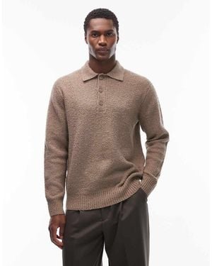 Only & Sons Relaxed Fit Fisherman Knit Polo Jumper - Brown