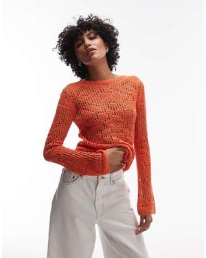 TOPSHOP Knitted Slash Neck Lace Long Sleeve Top - Red