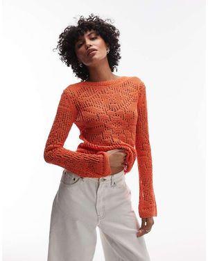 TOPSHOP Top De Manga Larga Con Cuello Barco De Punto De Encaje De - Rojo