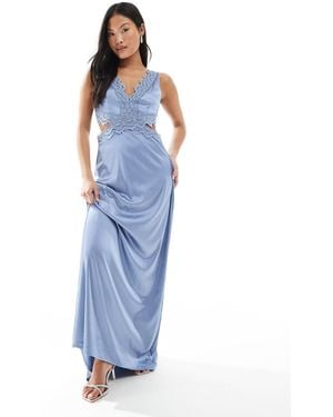 TFNC London Bridesmaid Satin Maxi Dress With Scalloped Lace Detail - Blue