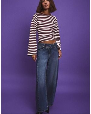 Stradivarius Long Sleeve Striped T-shirt With Ruched Waist - Purple