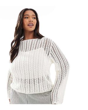 Pieces Plus Pieces Curve Self Stripe Crochet Knit Cropped Top - Grey
