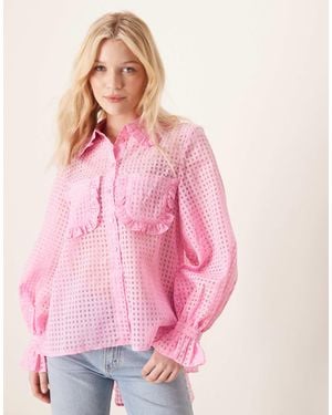 Y.A.S Sheer Check Ruffle Trim Detail Shirt - Pink