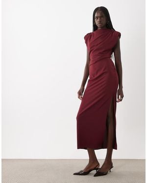 ASOS Slinky Shoulder Pad Maxi Dress With Tuck Waist Detail - Red