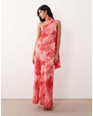 Pretty Lavish Chiffon One-shoulder Scarf Neck Maxi Dress - Pink