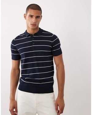 Threadbare Knitted Short Sleeve Stripe Polo Shirt - Blue