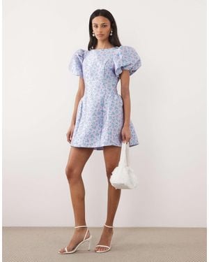 Sister Jane Jacquard Puff Sleeve Mini Dress - Blue