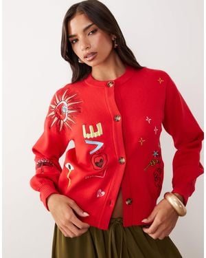 Never Fully Dressed Long Sleeve Button Down Knit Embroide Cardigan - Red