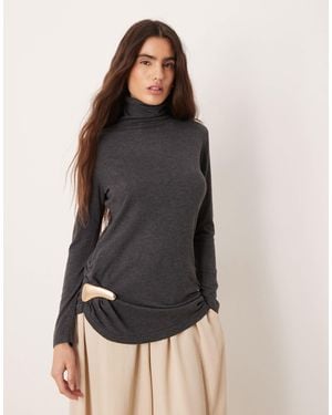 Mango Roll Neck Ruched Side Knitted Top - Gray