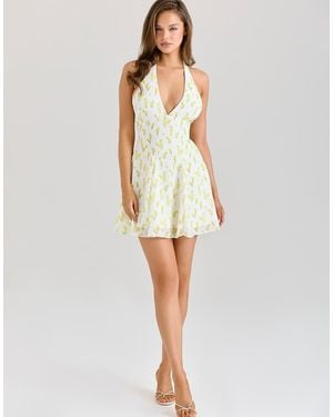 House Of Cb Iris Lemon Floral Print Georgette Halter Neck Mini Dress - White