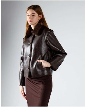Glamorous Faux Leather Button Front Jacket - Brown