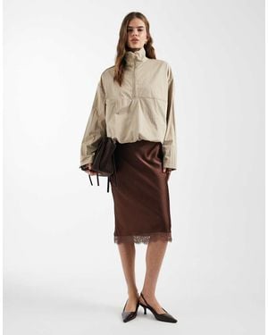 New Look Mid Length Lace Trim Satin Skirt - Natural