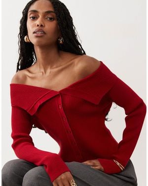 Miss Selfridge Fold Over Bardot Kitted Rib Top - Red