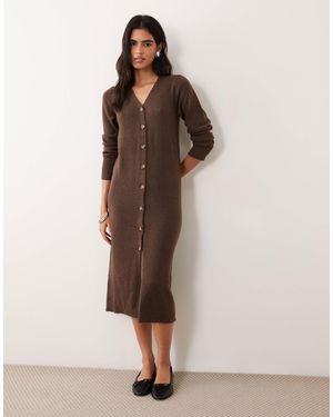 Vila Robe longue en maille à manches longues avec boutons sur le devant, chocolat - Marron