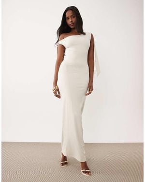 The Frolic Exclusive Slinky Asymmetric Shoulder Tie Detail Bodycon Maxi Dress - Natural