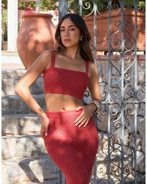 4th & Reckless X Luana Barron Cotton Rich Knitted Square Neck Beach Top Co-ord - Red