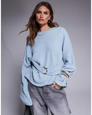 ASOS Rib Boucle Long Sleeve Top With Gold Trim Detail - Blue