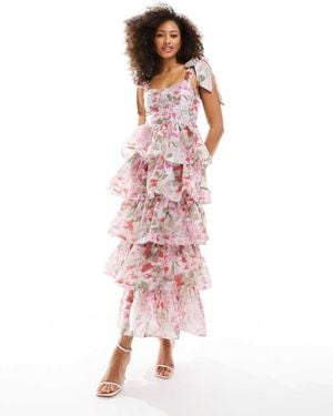 & Other Stories Vestito Lungo A Balze Con Stampa A Fiori E Corsetto - Rosa