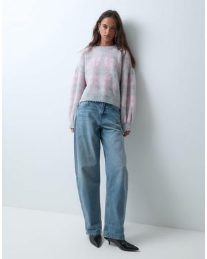 ASOS Long Sleeve Knitted Sweater With Tartan Gray And Pink Check - Blue