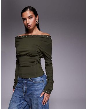 Fashionkilla Top De Manga Larga De Tejido Rico En Algodón Con Escote Bardot Y Detalle De Ojales De -Verde - Gris