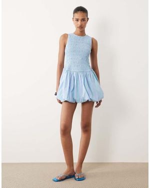 Wednesday's Girl Shirred Puff Ball Mini Dress - Blue