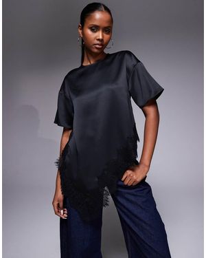 River Island Asymmetric Lace Satin T-shirt - Blue