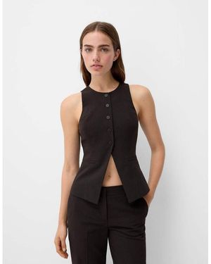 Bershka Round Neck Tailored Waistcoat - Black