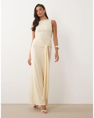 TFNC London Slinky Slash Neck Open Back Tie Detail Maxi Dress - Natural