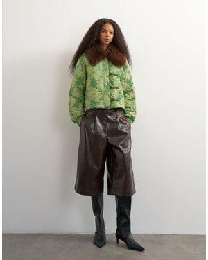 TOPSHOP Printed Fur Collar Jacket - Green