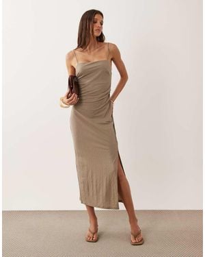 Mango Square Neck Split Hem Midi Dress - Natural