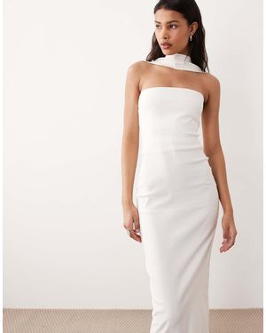 Vesper Maxi Bandeau-Jurk Van Bengaline Met Chokerdetail En Knopen Aan De Achterkant - Wit