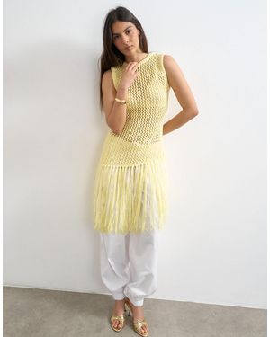 TOPSHOP Knitted Tape Fish Net Scoop Neck Top - White