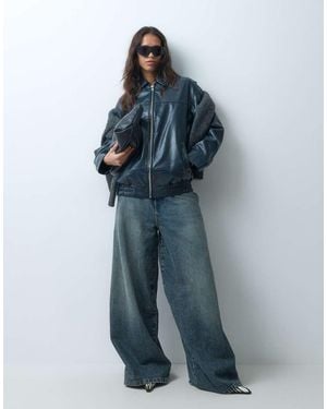 New Look Bubble Hem Faux Leather Jacket - Blue