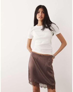 Miss Selfridge Satin Lace Trim Mini Skirt - Brown
