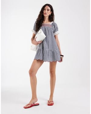 Neon Rose Ruffle Square Neck Babydoll Dress - Blue