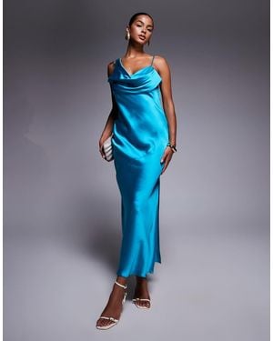 River Island One Shoulder Cowl Neck Maxi Dress - Blue