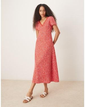 Glamorous V Neck Lace Trim Midi Tea Dress - Pink
