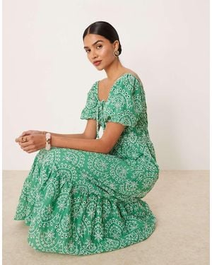 Lovedrobe Broderie Tie Neck Midaxi Dress - Green