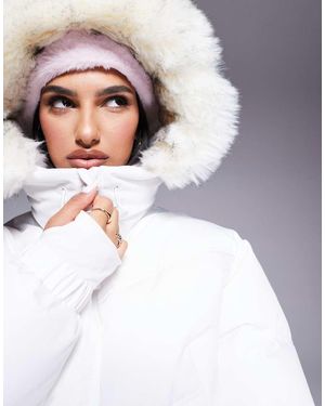 ASOS Ski Cropped Insulated Ski Bomber Jacket With Faux Fur Hood - White